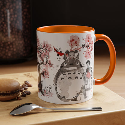 Totoro Sakura Forest Accent Mug – Color Handle Anime Cup 11oz & 15oz – Studio Ghibli Aesthetic Gift