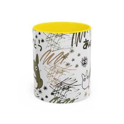 Totoro Sketch Accent Mug – Studio Ghibli Coffee Cup with Colored Handle – 11oz & 15oz Cute Anime Mug