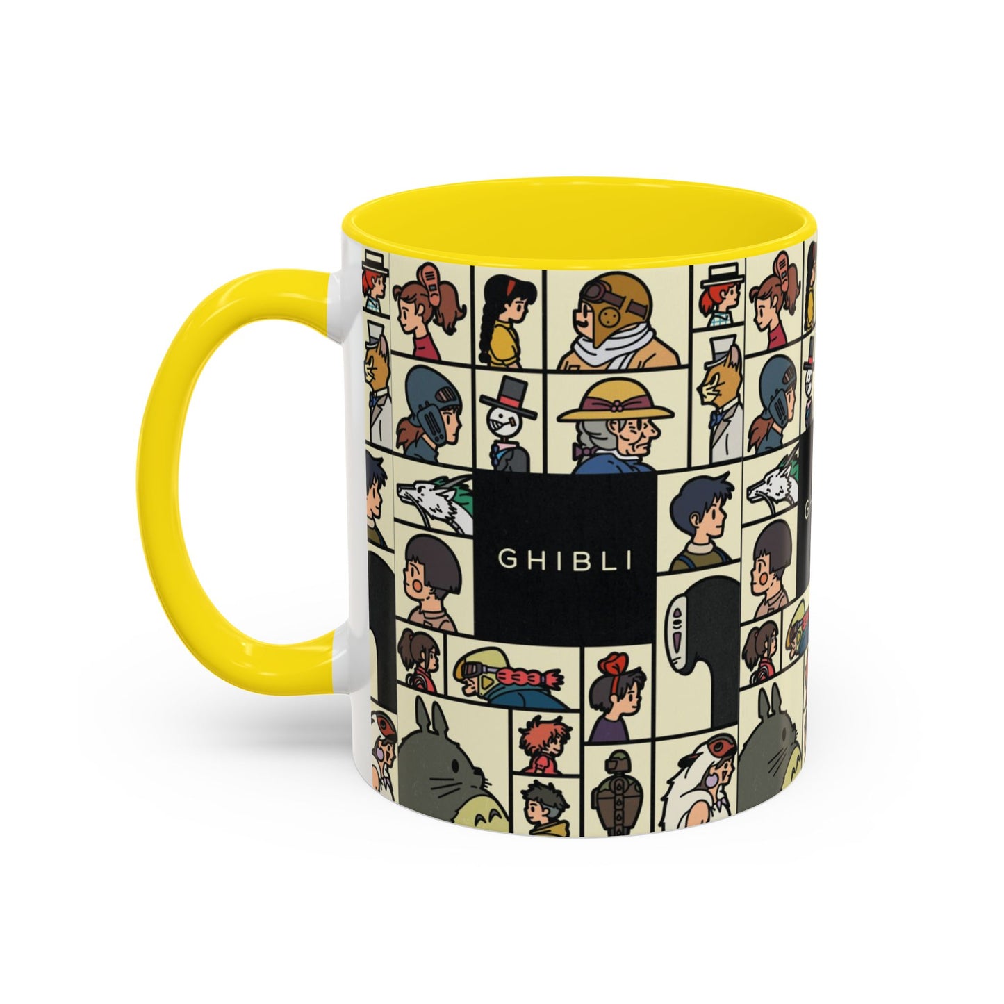 Studio Ghibli Characters Sketch Accent Mug – 11oz & 15oz Anime Coffee Cup with Color Handle
