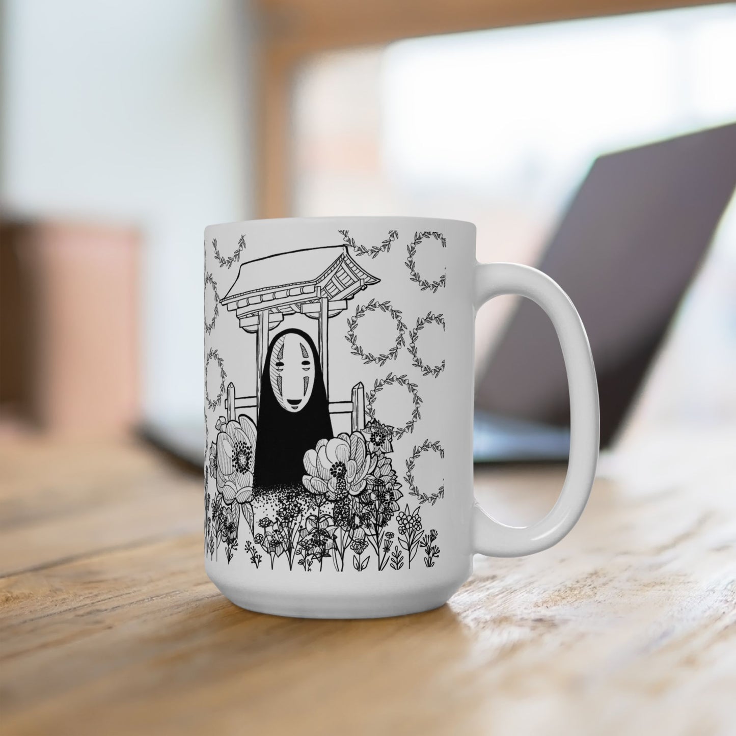 No Face Flowers Mug – Studio Ghibli Inspired Ceramic Cup – 11oz & 15oz Anime Coffee Mug Gift