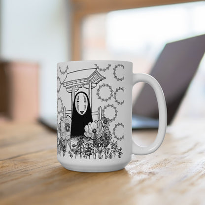 No Face Flowers Mug – Studio Ghibli Inspired Ceramic Cup – 11oz & 15oz Anime Coffee Mug Gift