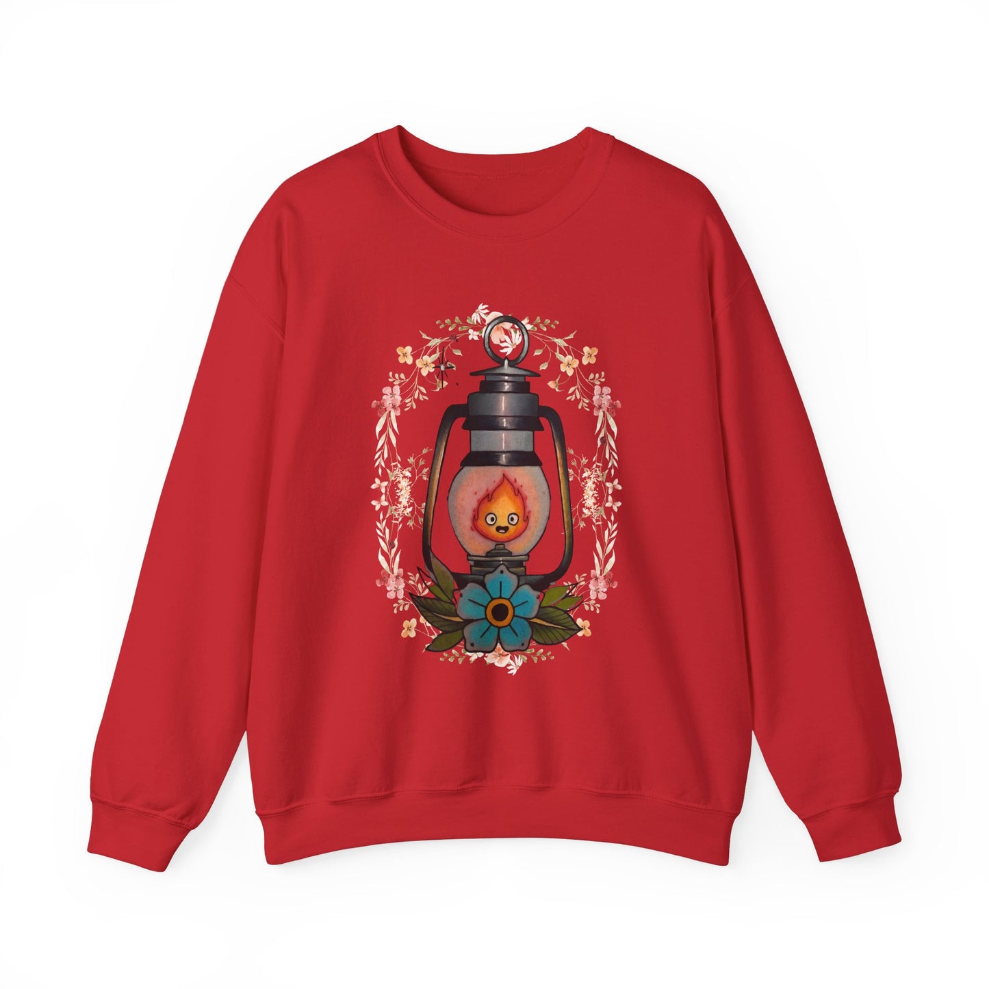 Calcifer Lamp Flowers Sweatshirt – Cozy 100% Cotton Howl’s Moving Castle Anime Pullover