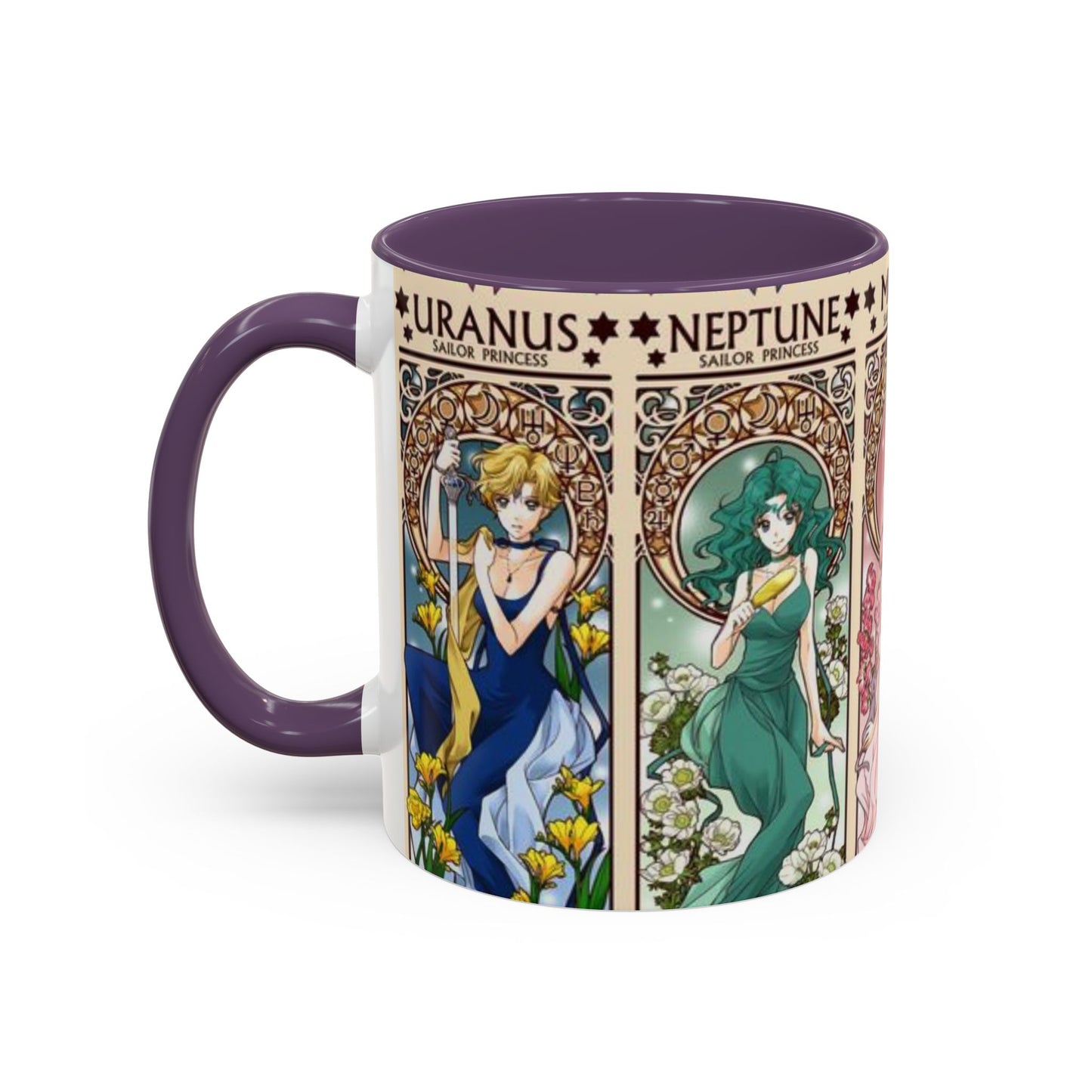 Sailor Moon Outer Guardians Accent Mug – Uranus Neptune Pluto Saturn – Color Handle Anime Cup 11oz 15oz