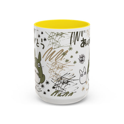 Totoro Sketch Accent Mug – Studio Ghibli Coffee Cup with Colored Handle – 11oz & 15oz Cute Anime Mug