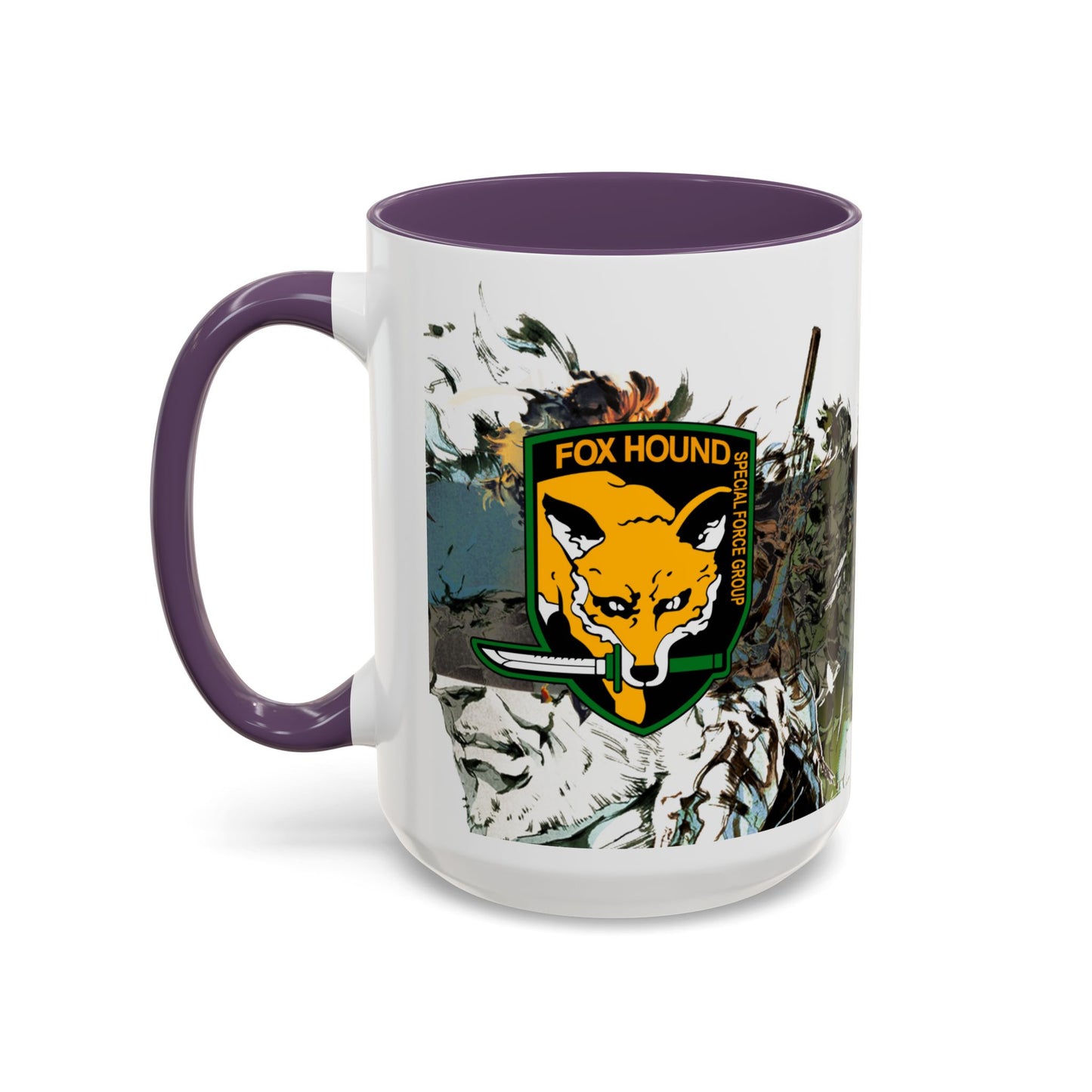 Metal Gear Fox Hound Accent Mug – 11oz & 15oz Colored Handle Coffee Cup – Tactical Gamer Gift for Fans