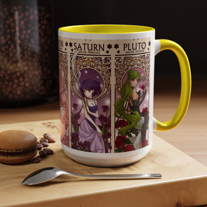 Sailor Moon Outer Guardians Accent Mug – Uranus Neptune Pluto Saturn – Color Handle Anime Cup 11oz 15oz