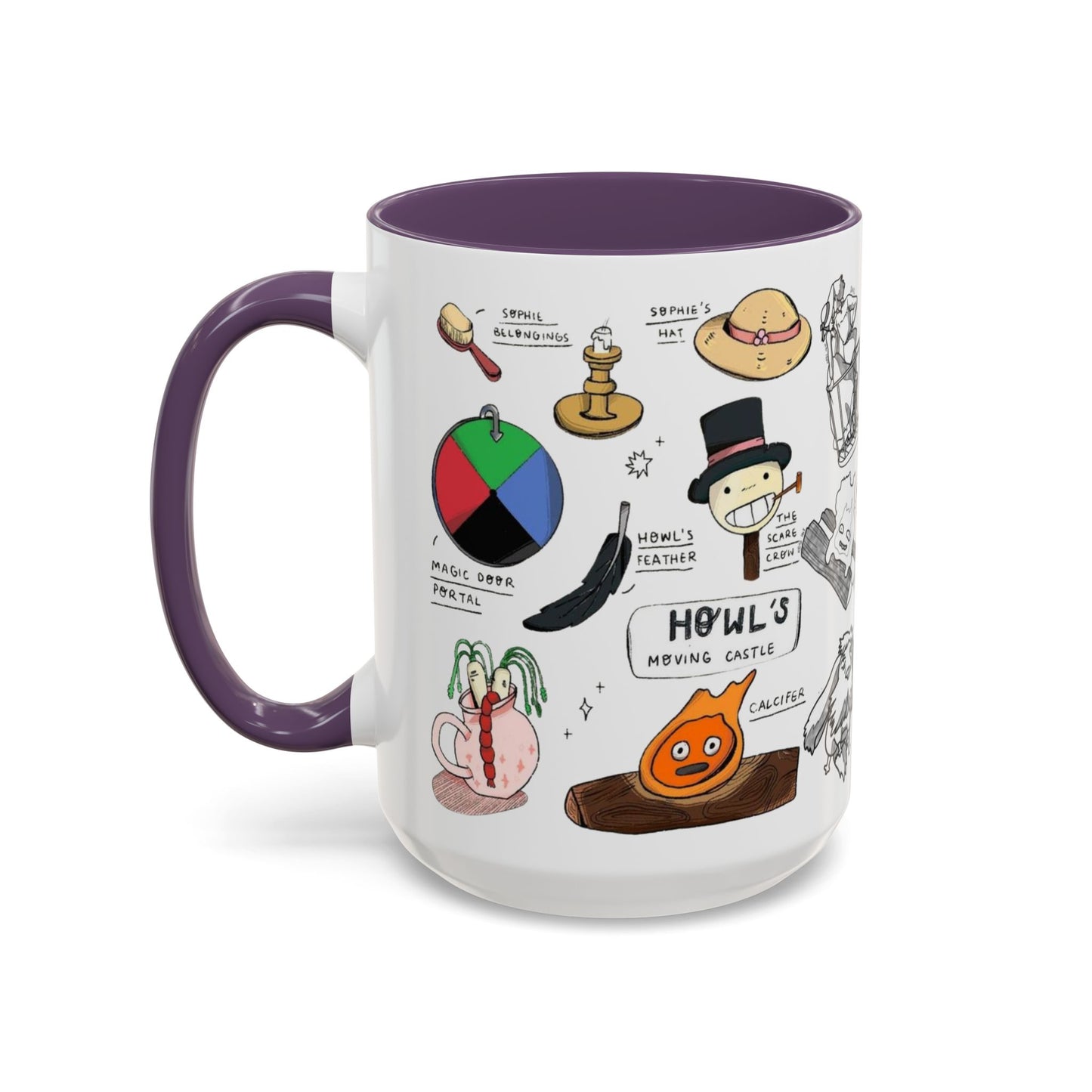 Howl’s Moving Castle Accent Mug – Ghibli Collage Color Handle Cup 11oz & 15oz – Anime Coffee Mug Featuring Howl & Calcifer