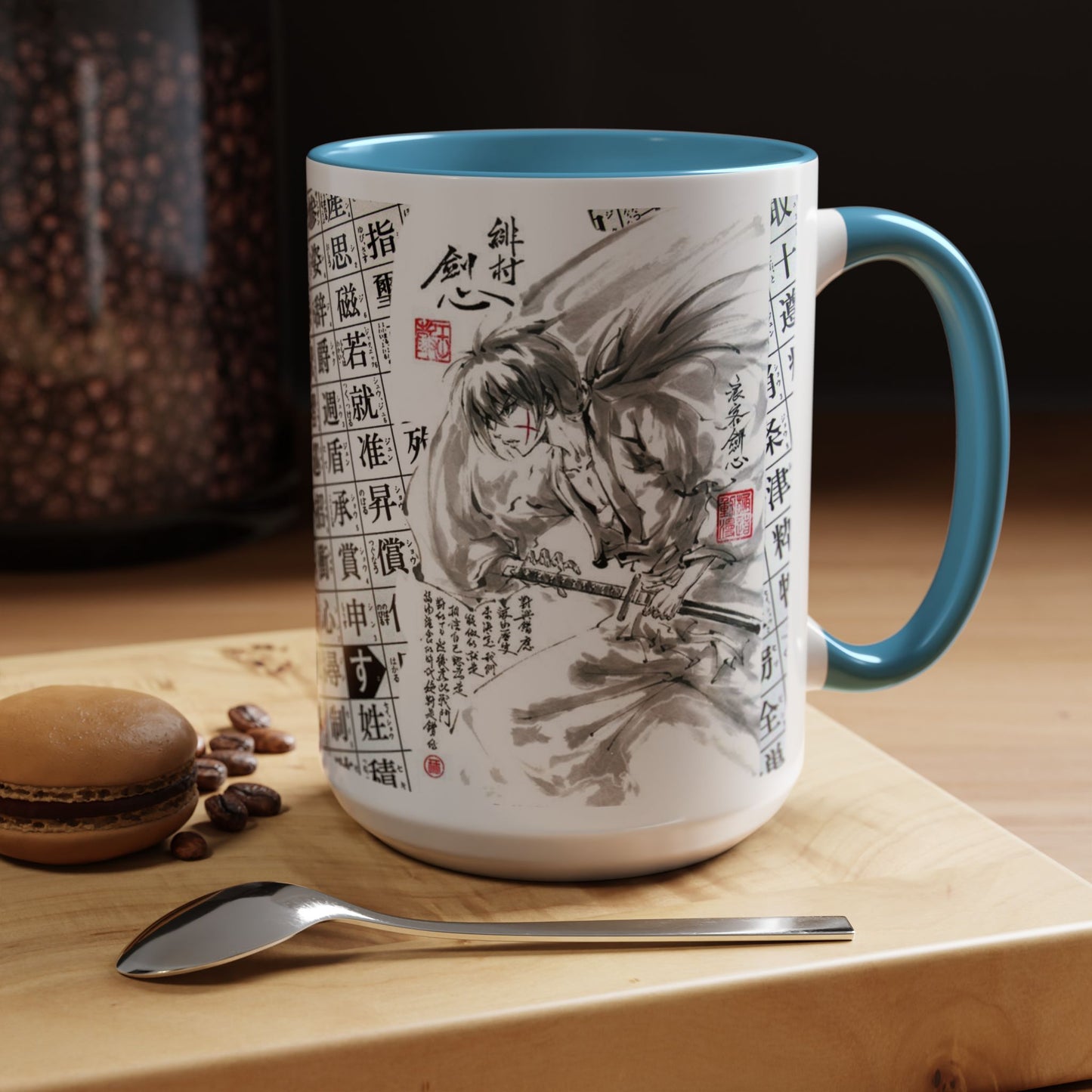 Rurouni Kenshin Kanji Accent Mug – Samurai Anime Color Handle Cup 11oz & 15oz – Japanese Sword Art Gift