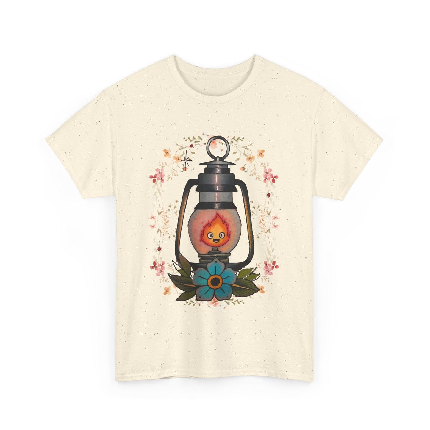 Calcifer Lamp Flowers T-Shirt – 100% Cotton Howl’s Moving Castle Inspired Tee for Anime Fans
