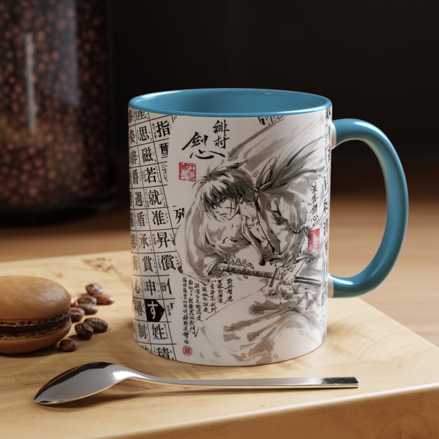 Rurouni Kenshin Kanji Accent Mug – Samurai Anime Color Handle Cup 11oz & 15oz – Japanese Sword Art Gift