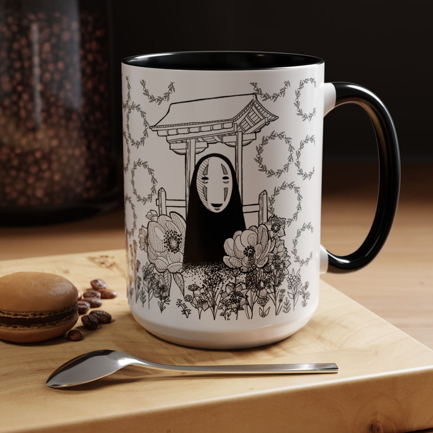 No Face Flowers Accent Mug – Studio Ghibli Inspired Coffee Cup – 11oz & 15oz Ceramic Anime Gift