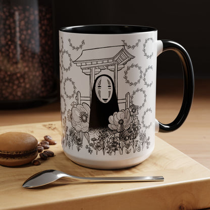 No Face Flowers Accent Mug – Studio Ghibli Inspired Coffee Cup – 11oz & 15oz Ceramic Anime Gift