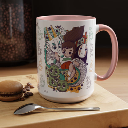 Spirited Away Accent Mug – Color Handle Anime Cup 11oz & 15oz – Studio Ghibli Coffee Mug Featuring Chihiro & No Face
