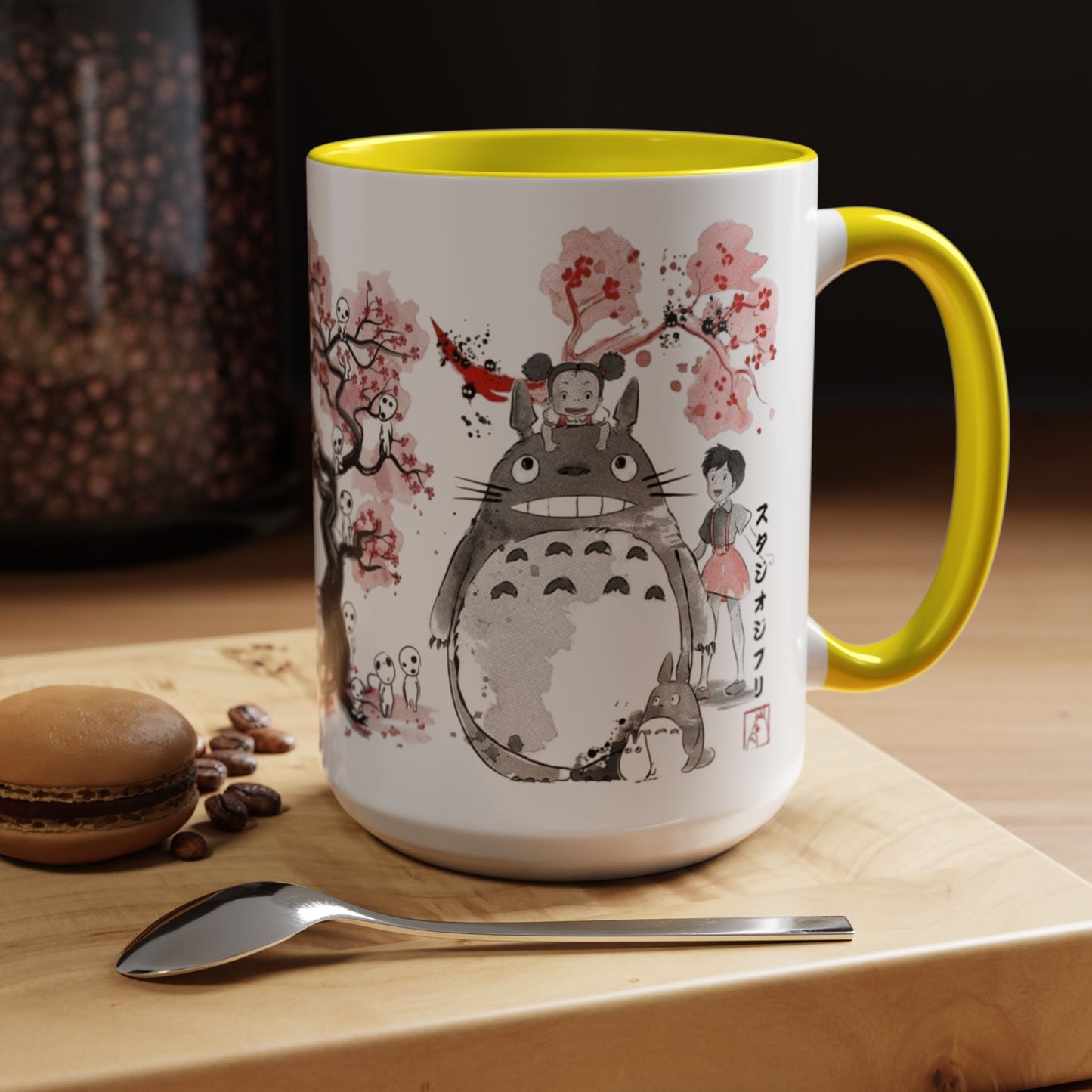 Totoro Sakura Forest Accent Mug – Color Handle Anime Cup 11oz & 15oz – Studio Ghibli Aesthetic Gift