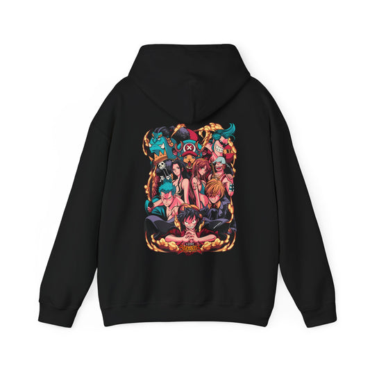 One Piece Characters Back Print Hoodie – 100% Cotton Anime Pullover Featuring Straw Hat Crew