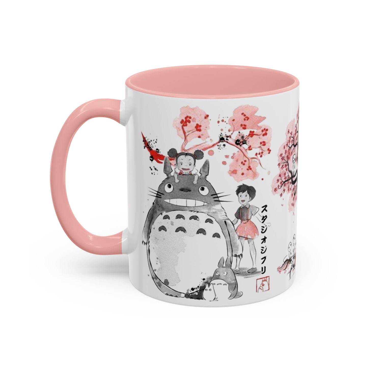 Totoro Sakura Forest Accent Mug – Color Handle Anime Cup 11oz & 15oz – Studio Ghibli Aesthetic Gift