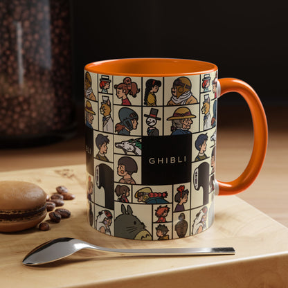 Studio Ghibli Characters Sketch Accent Mug – 11oz & 15oz Anime Coffee Cup with Color Handle