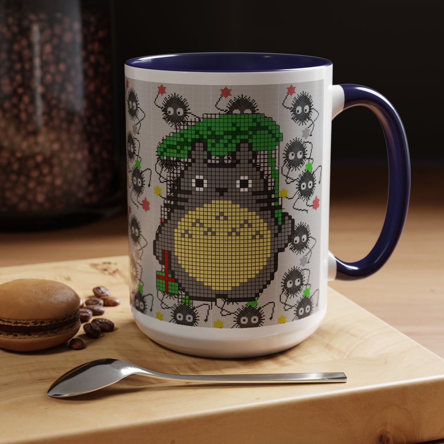 Totoro & Soot Sprites Accent Mug – Color Handle Studio Ghibli Cup – 11oz & 15oz Ceramic Anime Coffee Gift