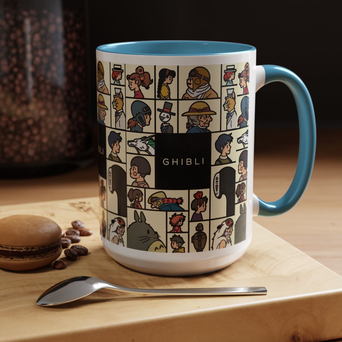 Studio Ghibli Characters Sketch Accent Mug – 11oz & 15oz Anime Coffee Cup with Color Handle