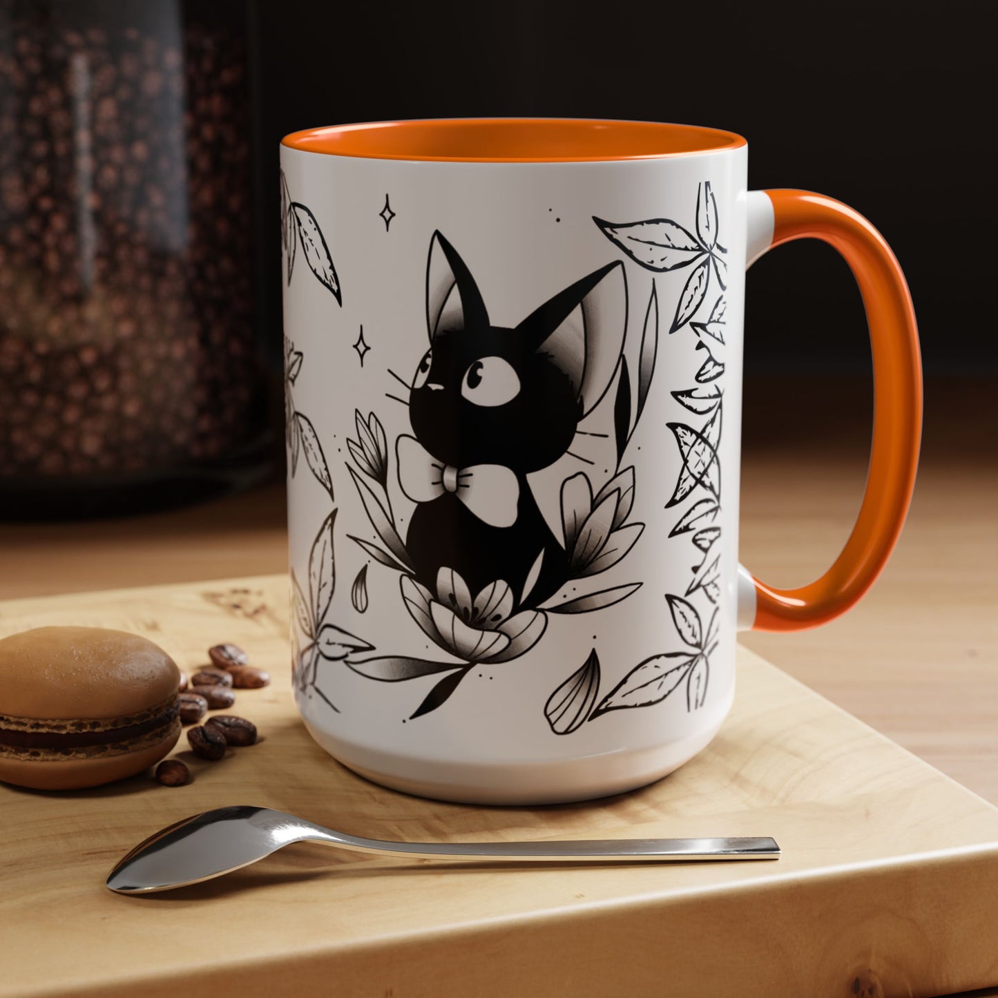 Jiji Cat Studio Ghibli Mug – 11oz & 15oz Accent Handle Coffee Cup – Cute Kiki’s Delivery Service Gift