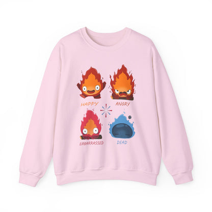 Calcifer Funny Faces Sweatshirt – 100% Cotton Howl’s Moving Castle Pullover for Studio Ghibli Fans