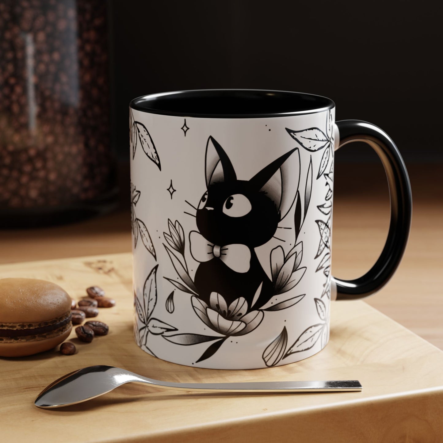 Jiji Cat Studio Ghibli Mug – 11oz & 15oz Accent Handle Coffee Cup – Cute Kiki’s Delivery Service Gift
