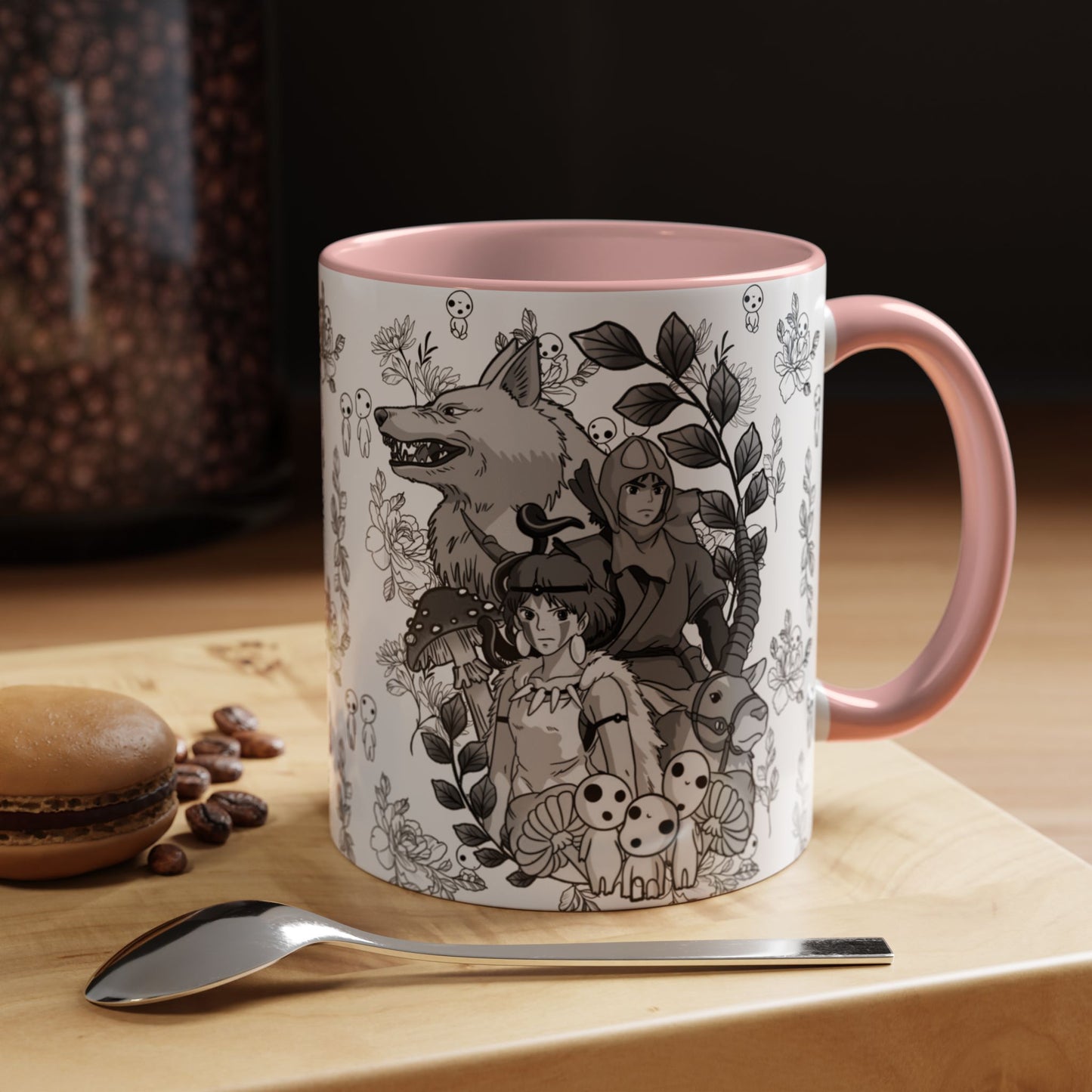 Princess Mononoke Black and White Accent Mug – Studio Ghibli Coffee Cup with Colored Handle – 11oz & 15oz Ceramic Anime Gift