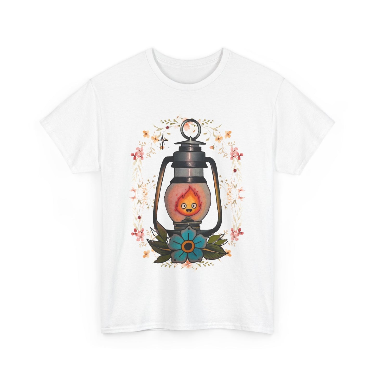 Calcifer Lamp Flowers T-Shirt – 100% Cotton Howl’s Moving Castle Inspired Tee for Anime Fans