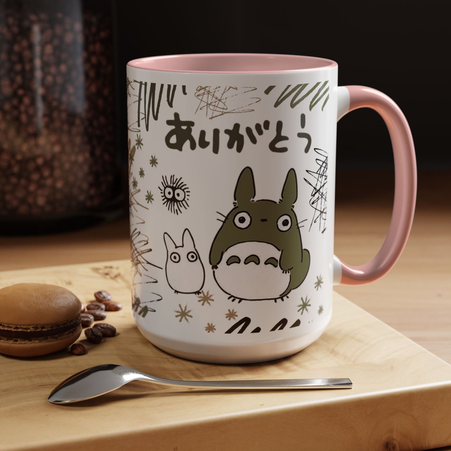 Totoro Sketch Accent Mug – Studio Ghibli Coffee Cup with Colored Handle – 11oz & 15oz Cute Anime Mug
