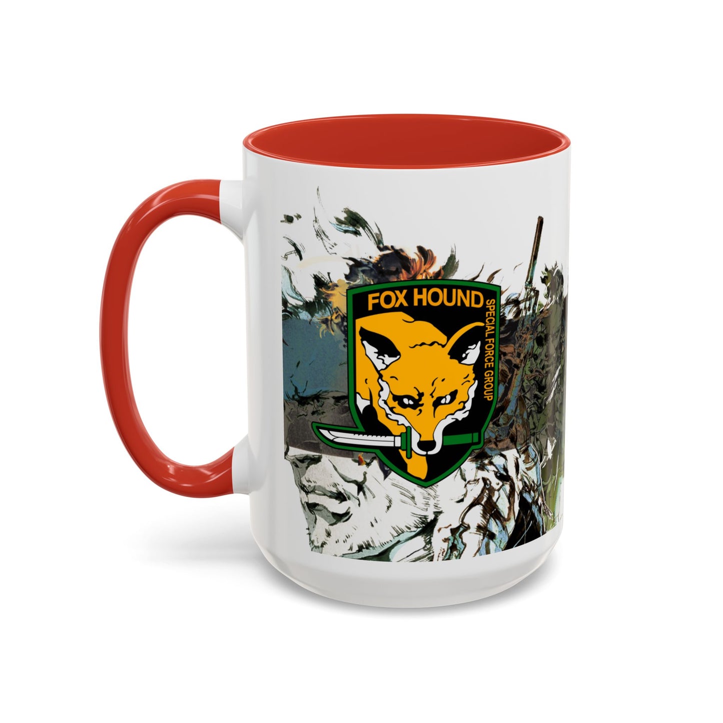 Metal Gear Fox Hound Accent Mug – 11oz & 15oz Colored Handle Coffee Cup – Tactical Gamer Gift for Fans
