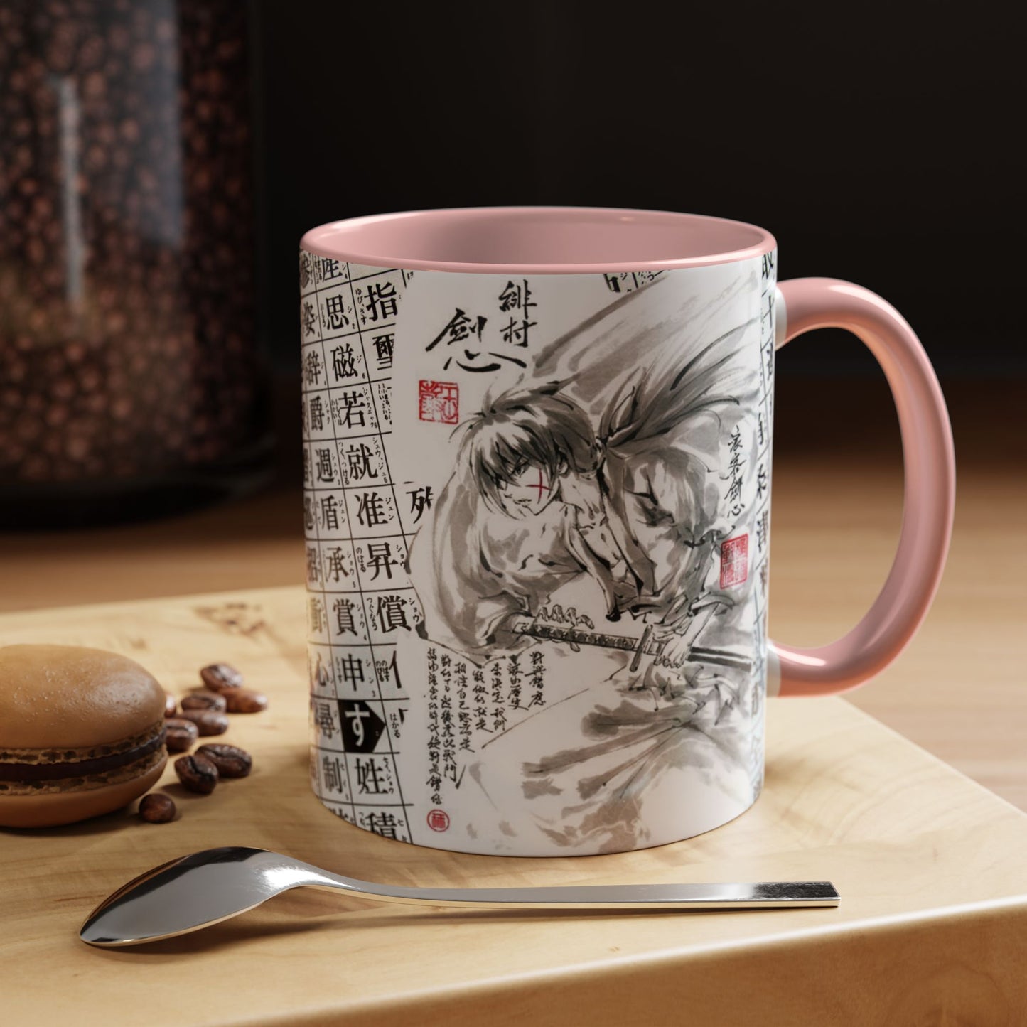 Rurouni Kenshin Kanji Accent Mug – Samurai Anime Color Handle Cup 11oz & 15oz – Japanese Sword Art Gift