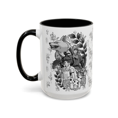 Princess Mononoke Black and White Accent Mug – Studio Ghibli Coffee Cup with Colored Handle – 11oz & 15oz Ceramic Anime Gift