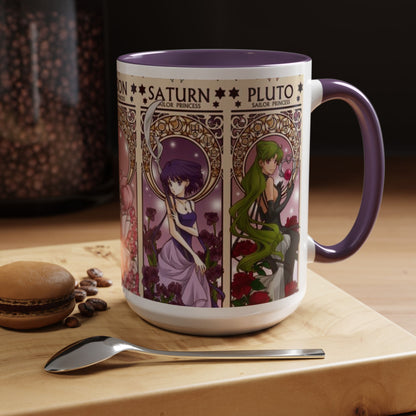 Sailor Moon Outer Guardians Accent Mug – Uranus Neptune Pluto Saturn – Color Handle Anime Cup 11oz 15oz