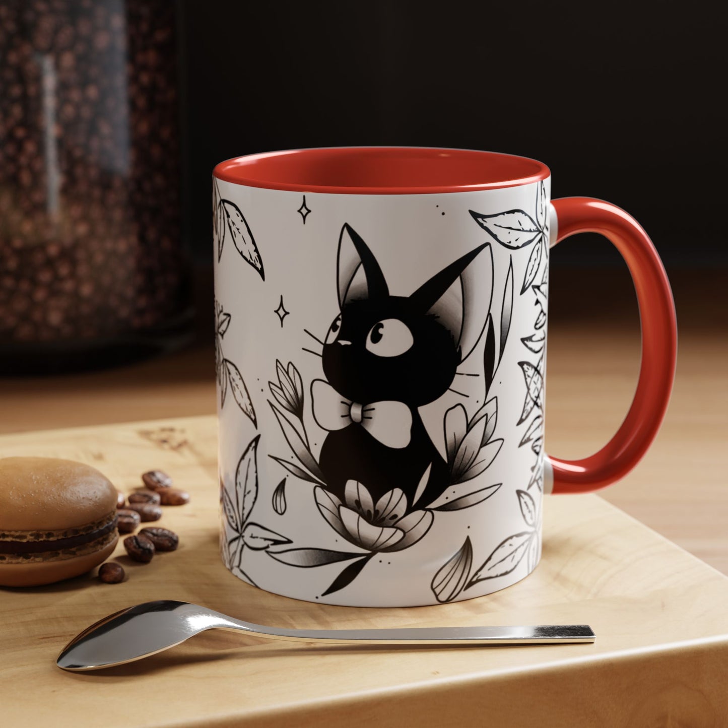 Jiji Cat Studio Ghibli Mug – 11oz & 15oz Accent Handle Coffee Cup – Cute Kiki’s Delivery Service Gift