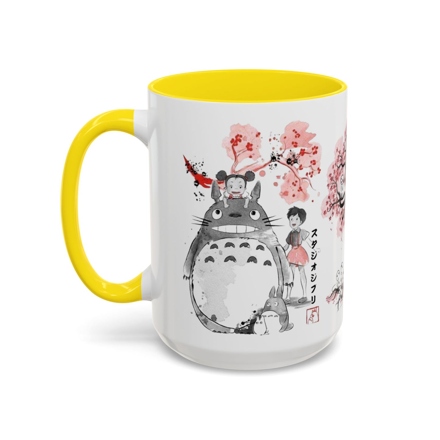 Totoro Sakura Forest Accent Mug – Color Handle Anime Cup 11oz & 15oz – Studio Ghibli Aesthetic Gift