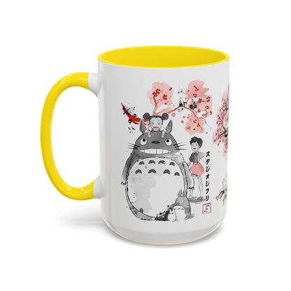 Totoro Sakura Forest Accent Mug – Color Handle Anime Cup 11oz & 15oz – Studio Ghibli Aesthetic Gift