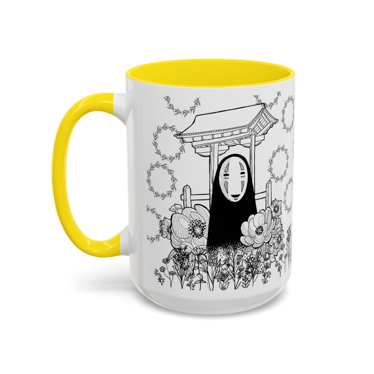 No Face Flowers Accent Mug – Studio Ghibli Inspired Coffee Cup – 11oz & 15oz Ceramic Anime Gift