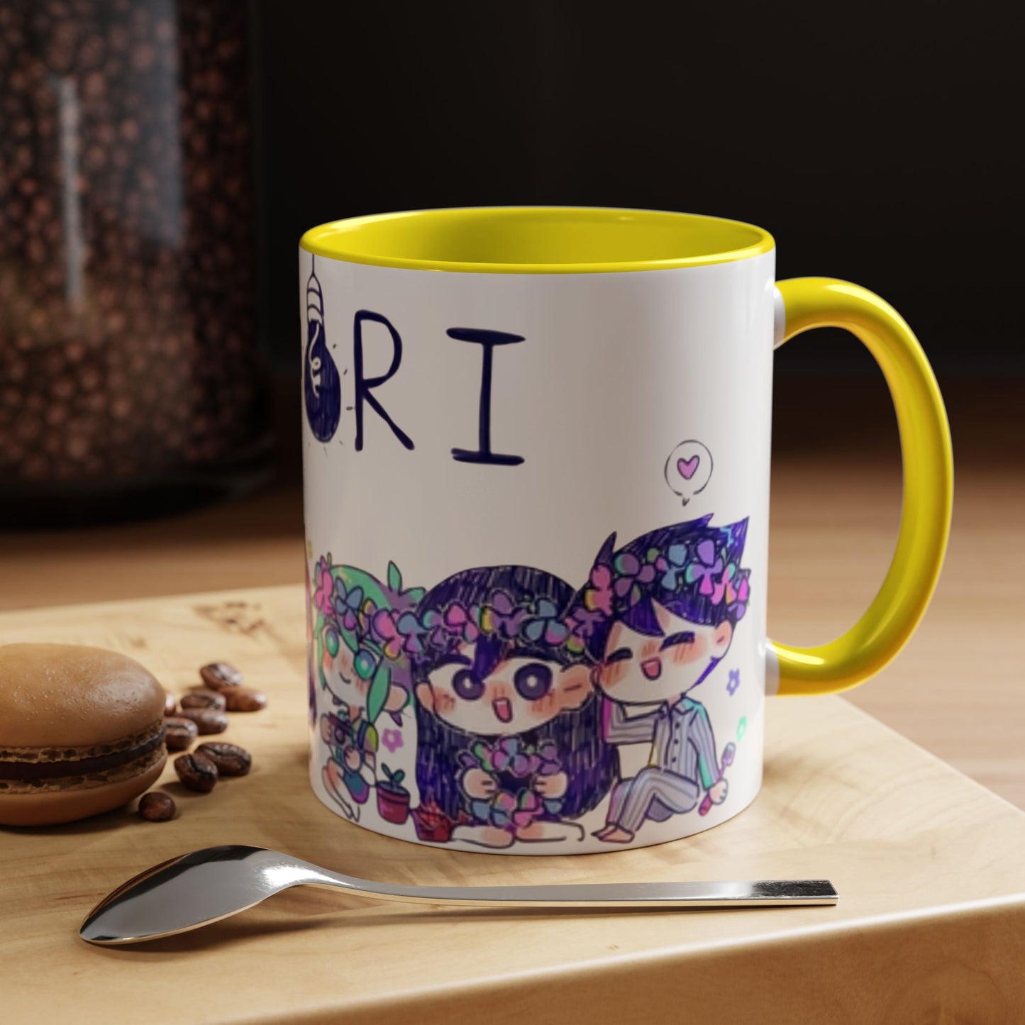 Family Omori Accent Handle Mug – 11oz & 15oz Color Handle Ceramic Cup – Cute Indie Game Gift for Omori Fans