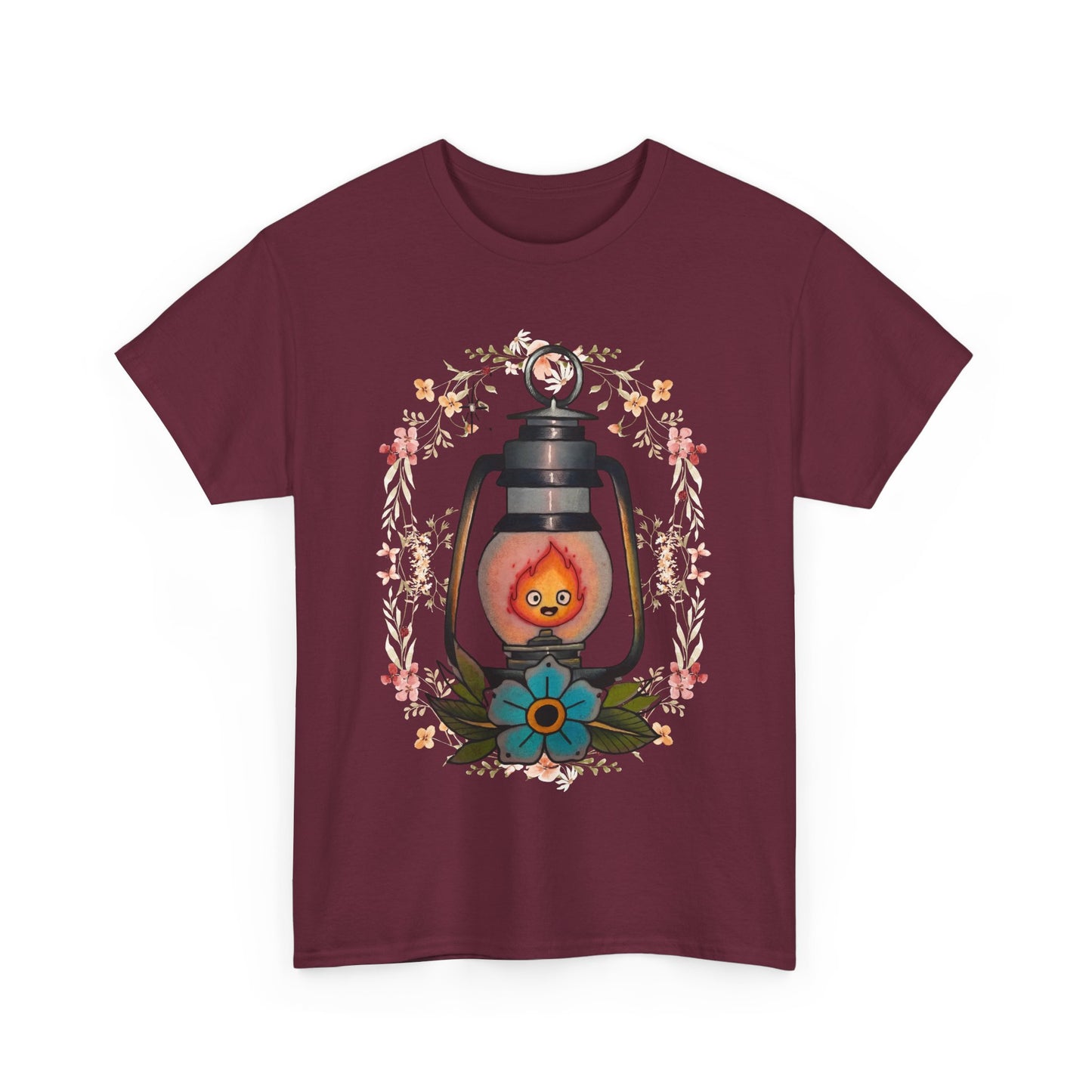 Calcifer Lamp Flowers T-Shirt – 100% Cotton Howl’s Moving Castle Inspired Tee for Anime Fans