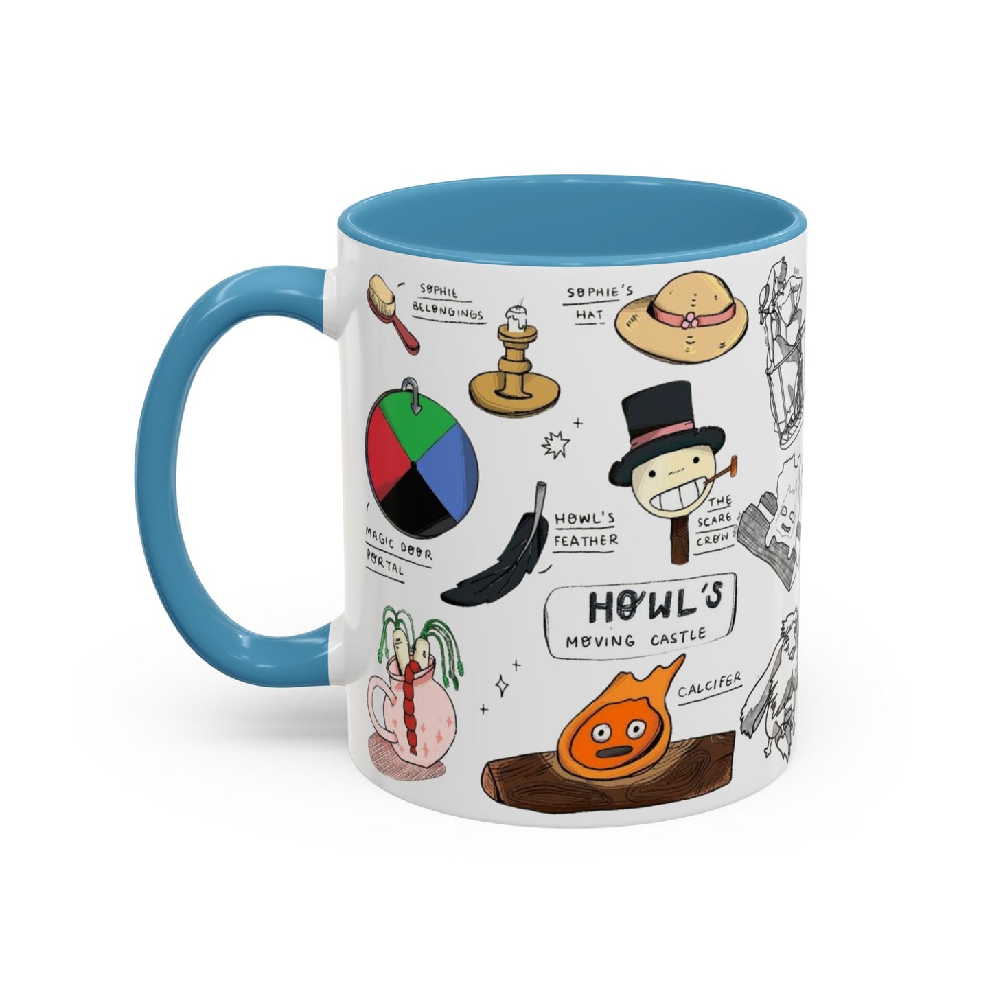 Howl’s Moving Castle Accent Mug – Ghibli Collage Color Handle Cup 11oz & 15oz – Anime Coffee Mug Featuring Howl & Calcifer