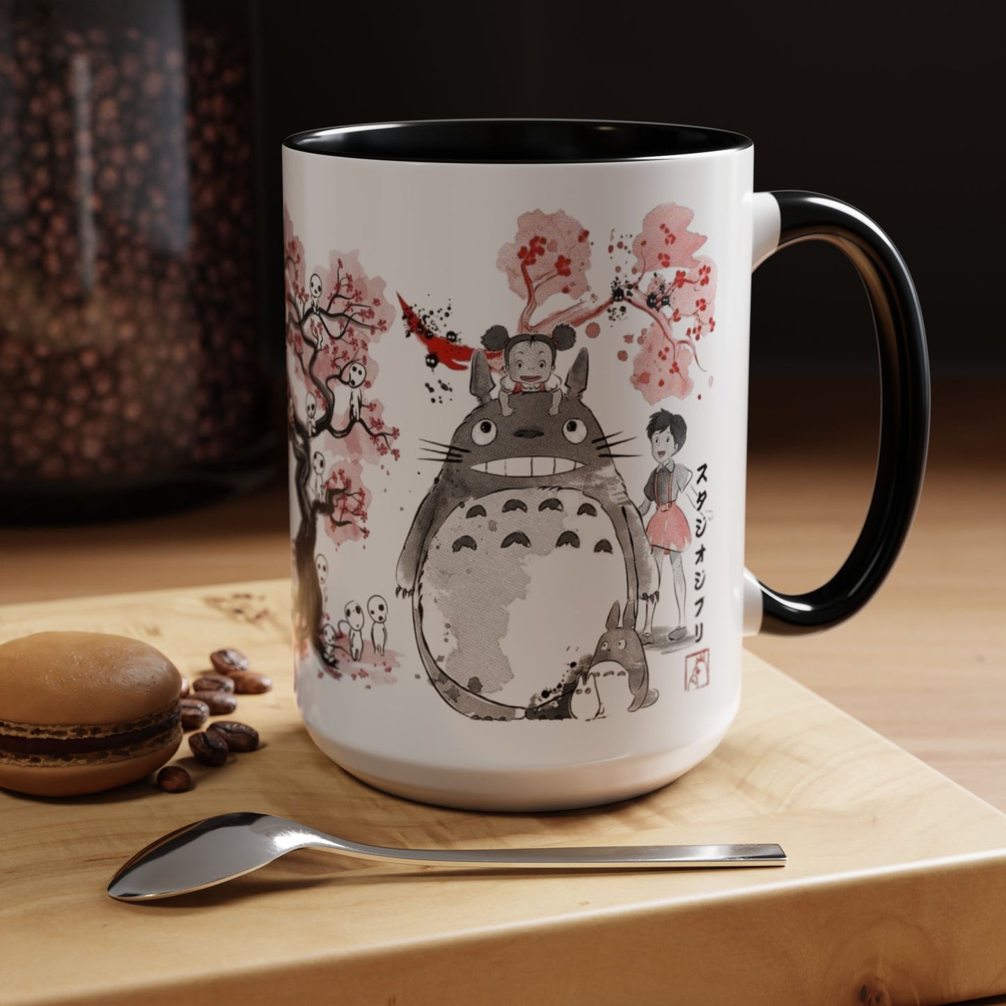 Totoro Sakura Forest Accent Mug – Color Handle Anime Cup 11oz & 15oz – Studio Ghibli Aesthetic Gift