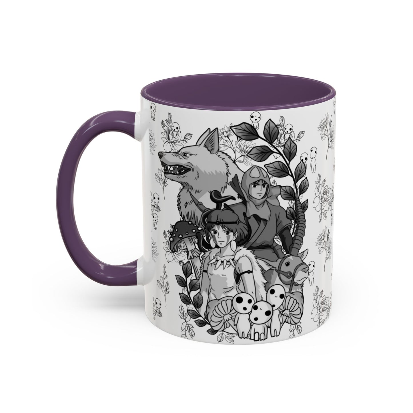 Princess Mononoke Black and White Accent Mug – Studio Ghibli Coffee Cup with Colored Handle – 11oz & 15oz Ceramic Anime Gift