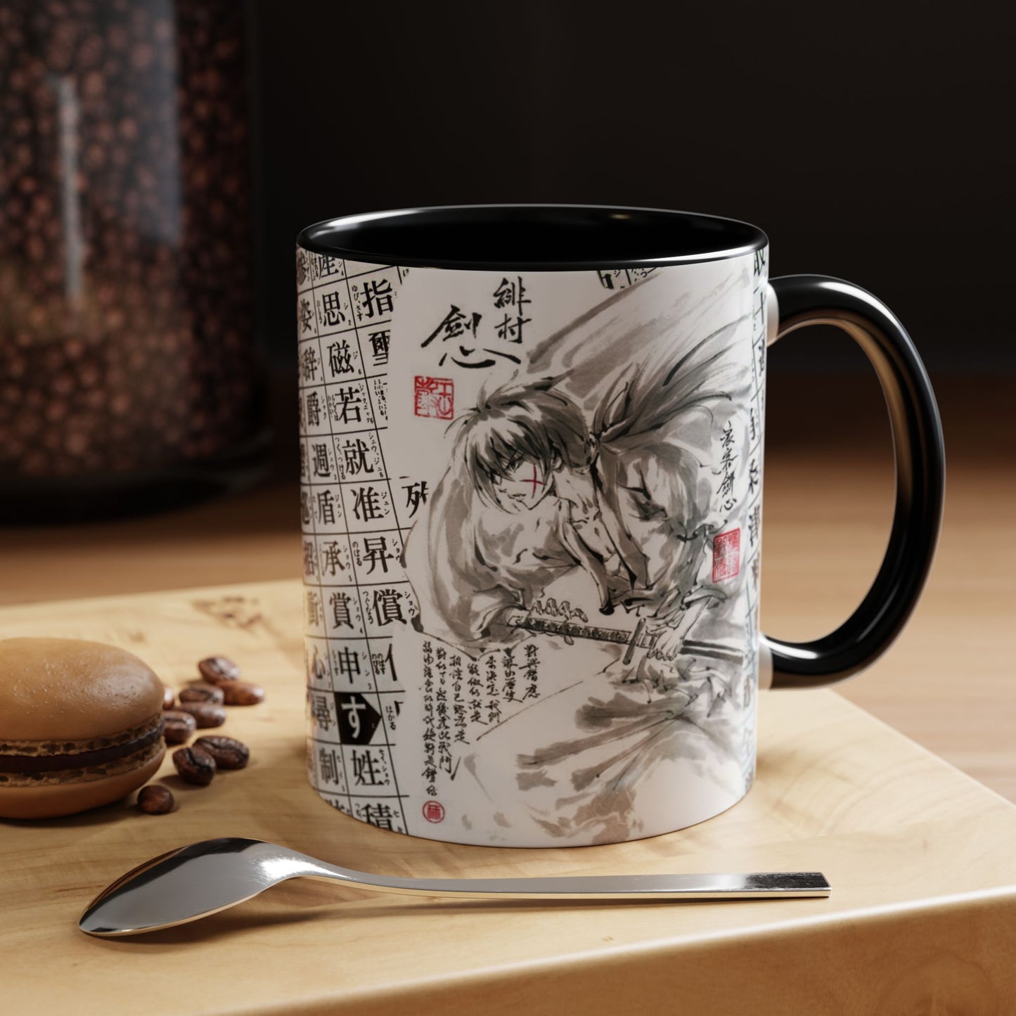 Rurouni Kenshin Kanji Accent Mug – Samurai Anime Color Handle Cup 11oz & 15oz – Japanese Sword Art Gift