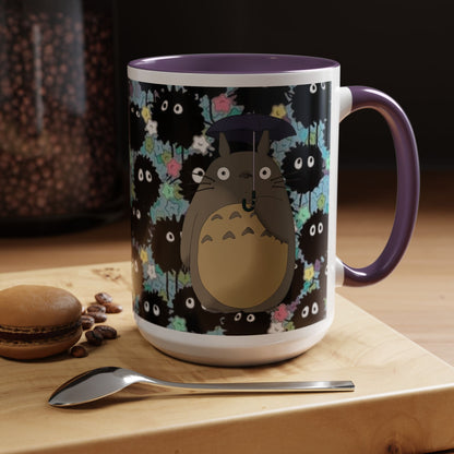 Totoro & Soot Sprites Accent Mug – Studio Ghibli Color Handle Cup – 11oz & 15oz Ceramic Anime Gift