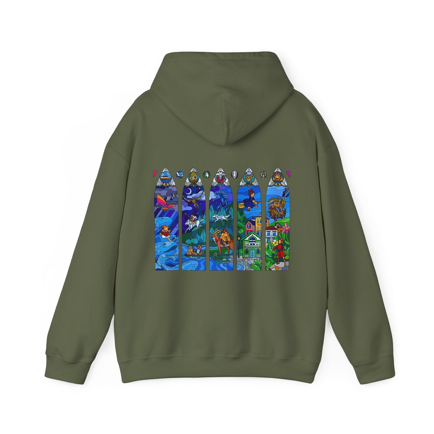 Studio Ghibli Stained Glass Back Print Hoodie – 100% Cotton Anime Hoodie with Vitral-Inspired Design