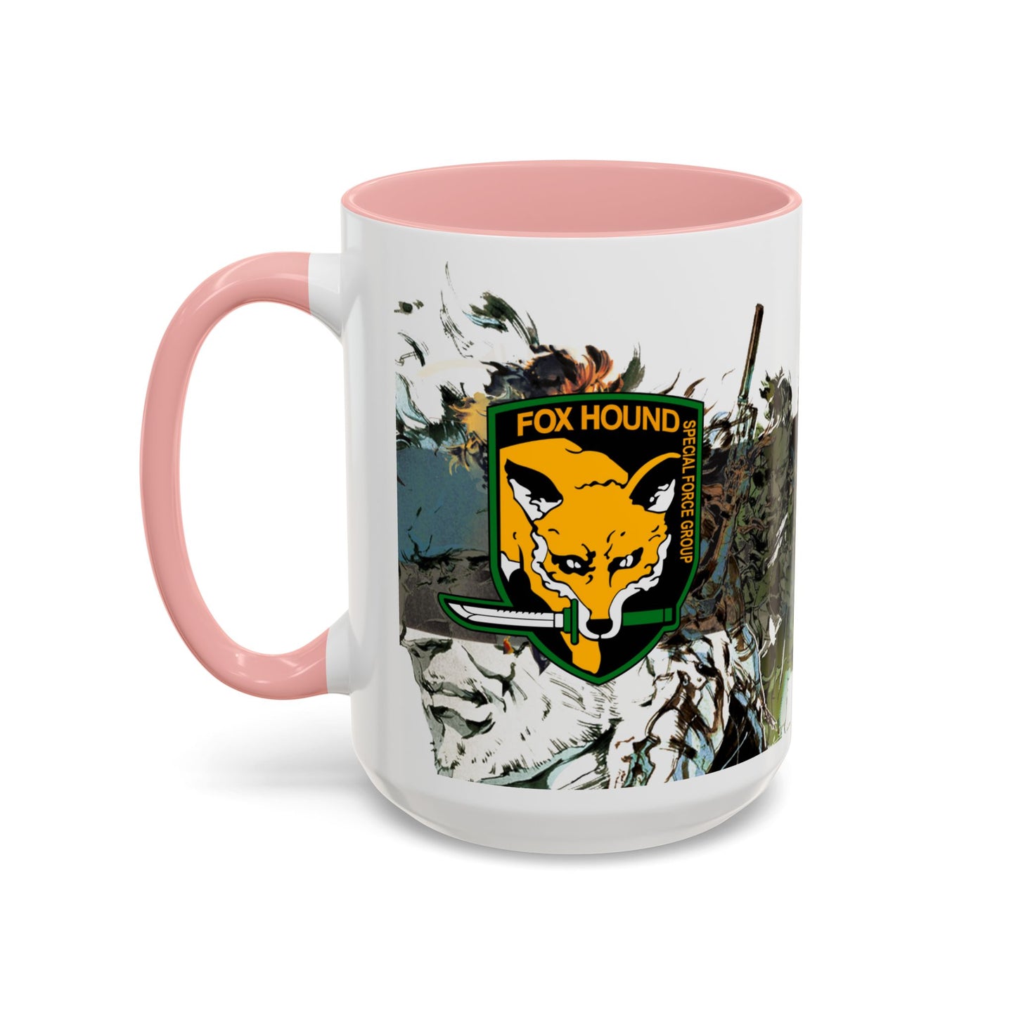 Metal Gear Fox Hound Accent Mug – 11oz & 15oz Colored Handle Coffee Cup – Tactical Gamer Gift for Fans