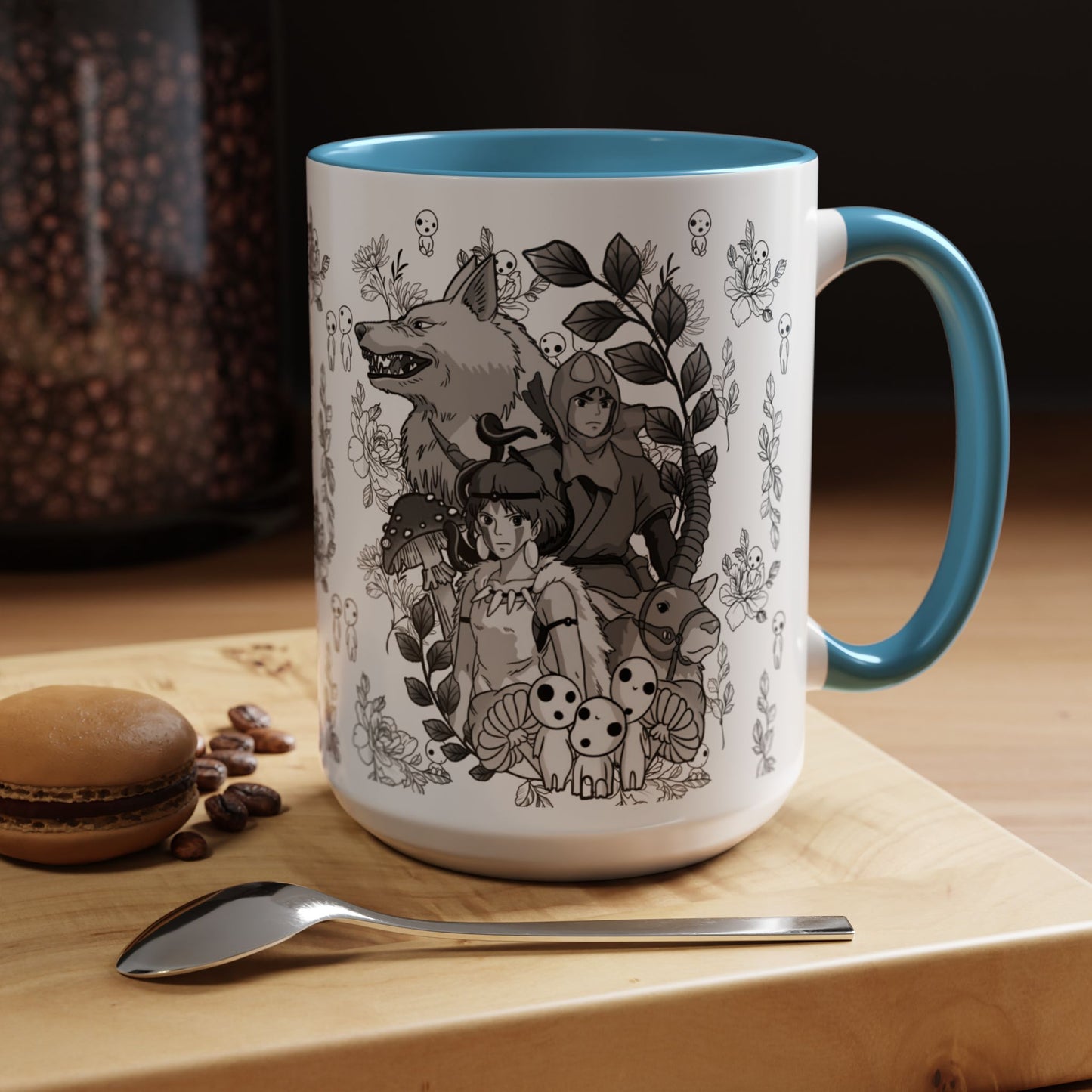Princess Mononoke Black and White Accent Mug – Studio Ghibli Coffee Cup with Colored Handle – 11oz & 15oz Ceramic Anime Gift