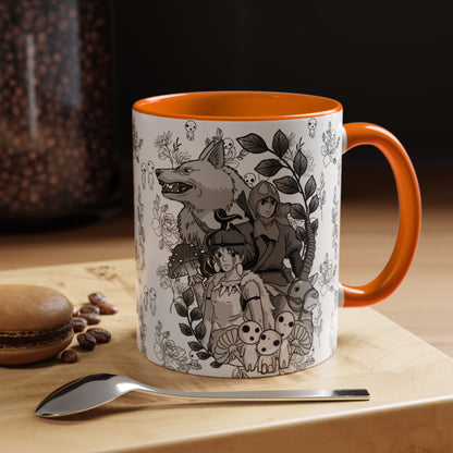 Princess Mononoke Black and White Accent Mug – Studio Ghibli Coffee Cup with Colored Handle – 11oz & 15oz Ceramic Anime Gift