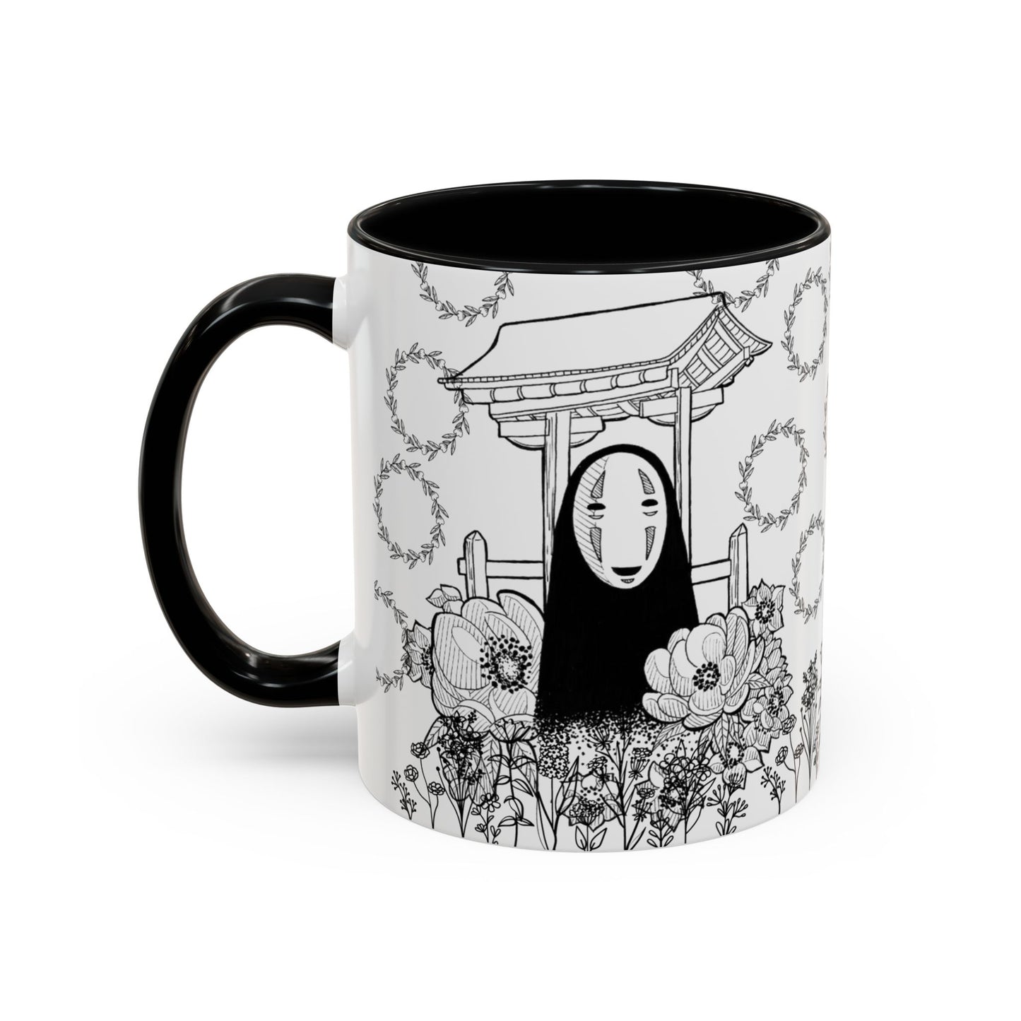 No Face Flowers Accent Mug – Studio Ghibli Inspired Coffee Cup – 11oz & 15oz Ceramic Anime Gift