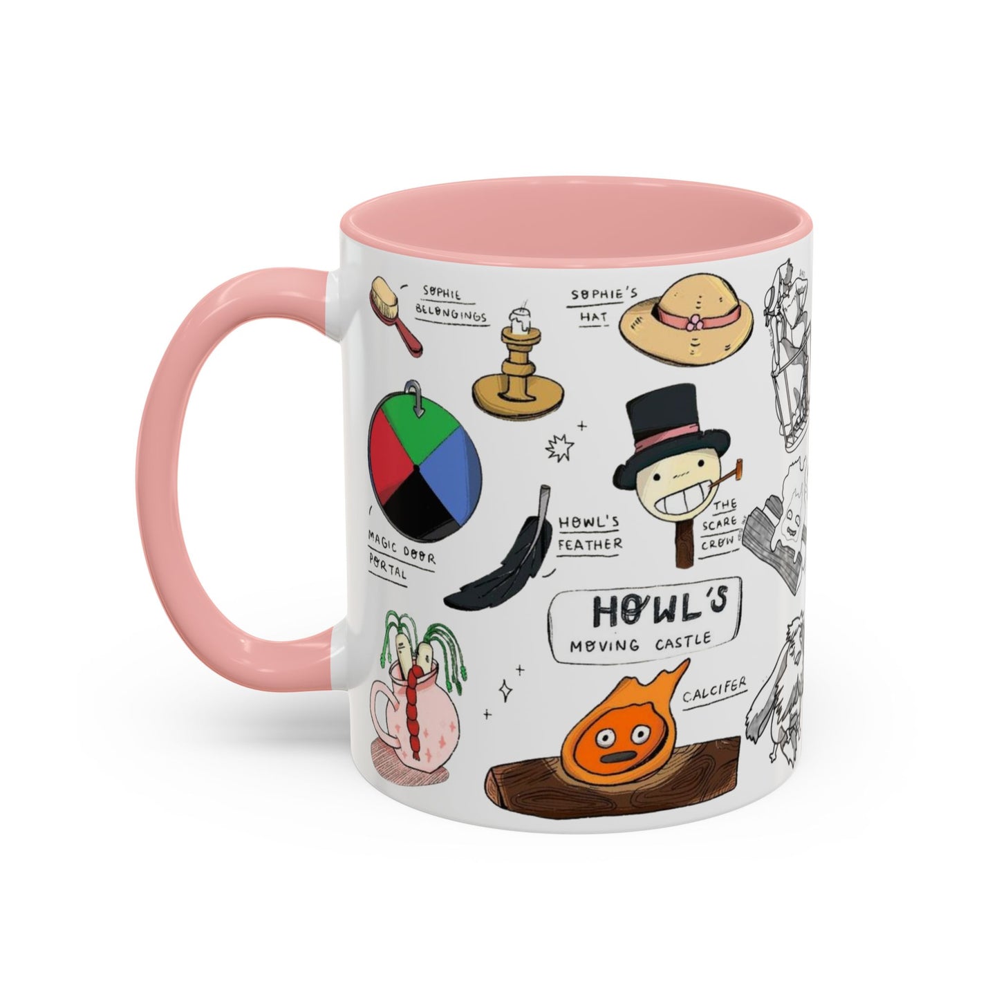 Howl’s Moving Castle Accent Mug – Ghibli Collage Color Handle Cup 11oz & 15oz – Anime Coffee Mug Featuring Howl & Calcifer